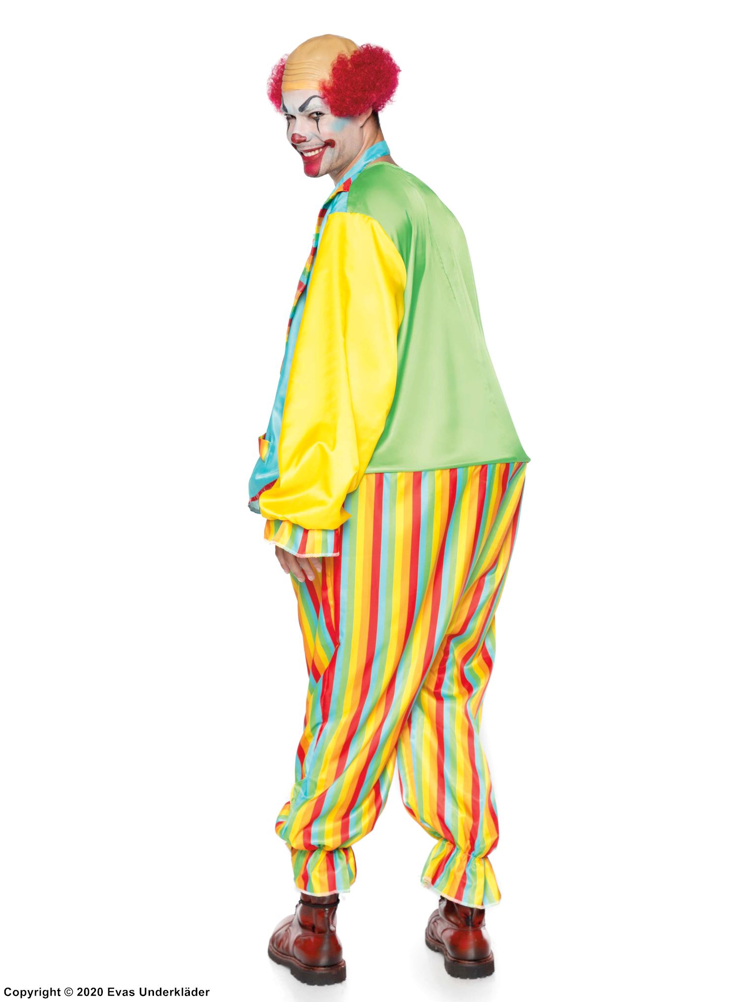 Cirkusclown, jumpsuit-dräkt med slips, färgrika ränder